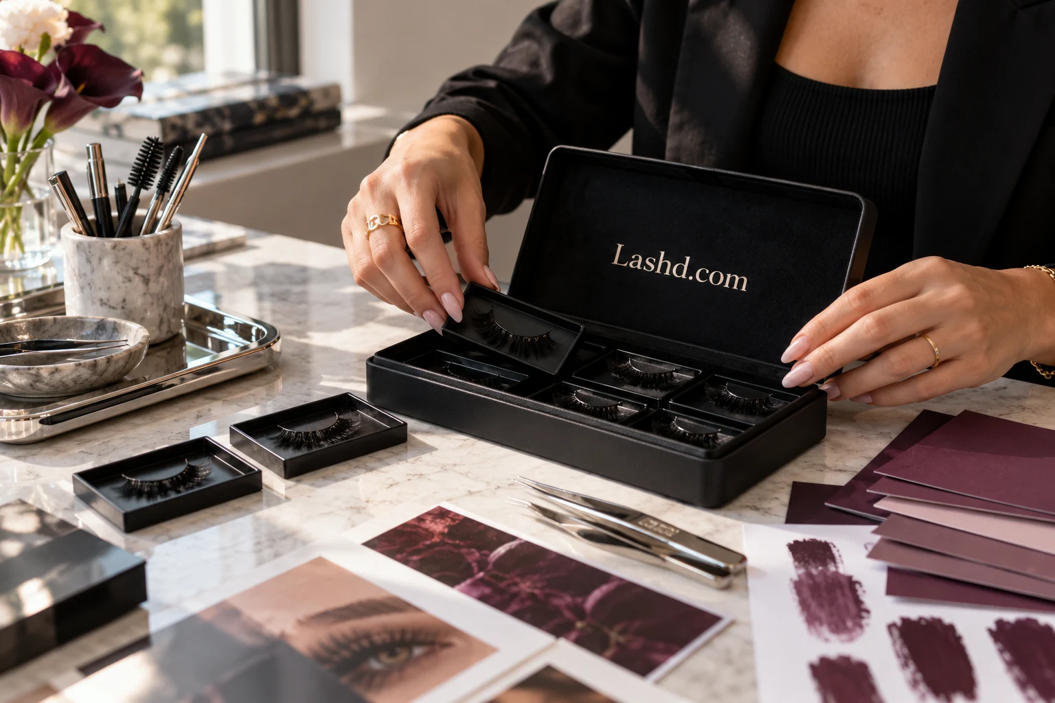 Lashd.com beauty collection in a lavender setting