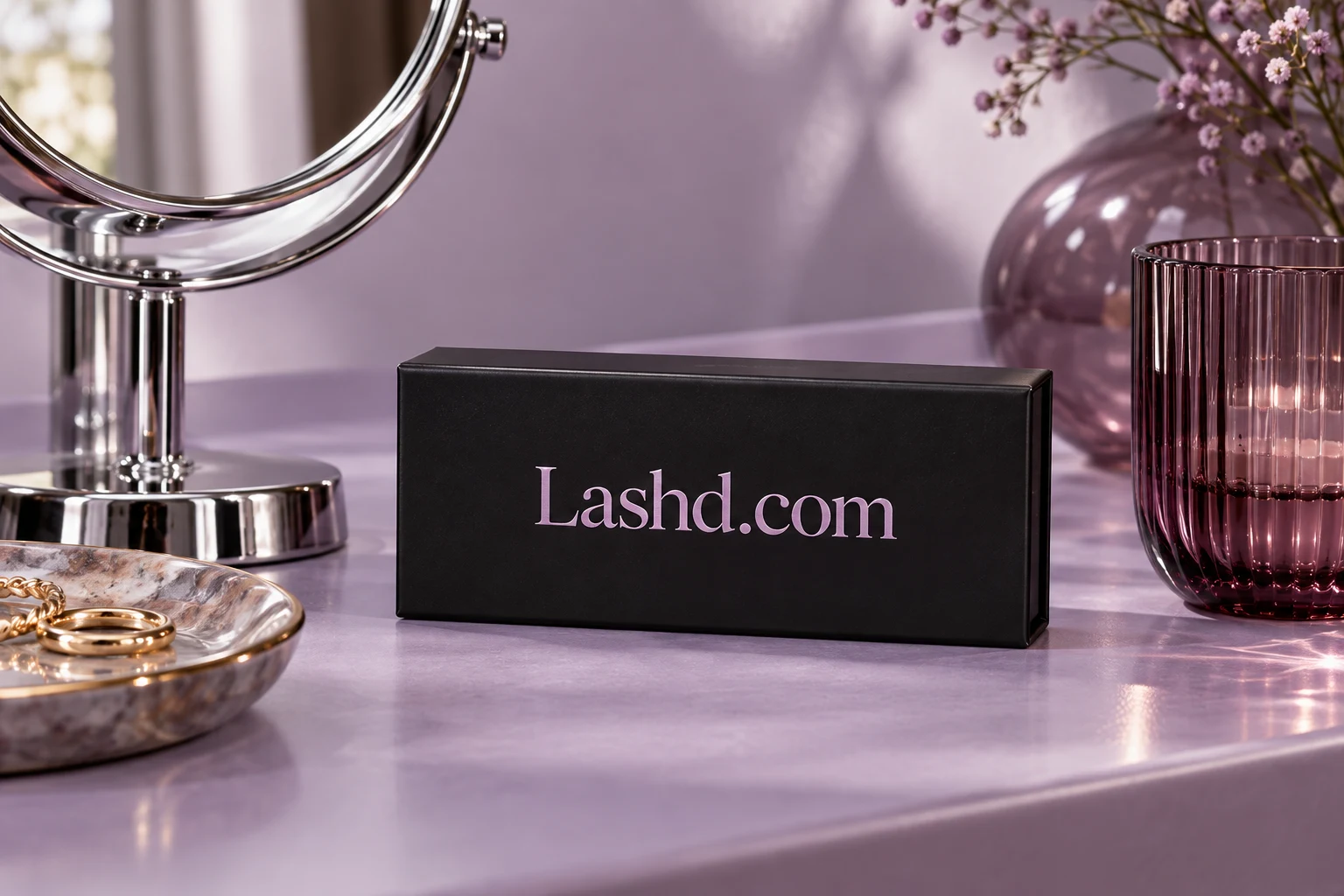 Beauty editorial with Lashd.com branding